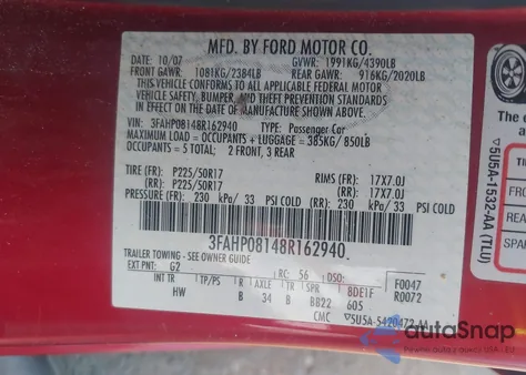 2008 Ford Fusion Sel из США, поврежденный, VIN 3FAHP08148R162940